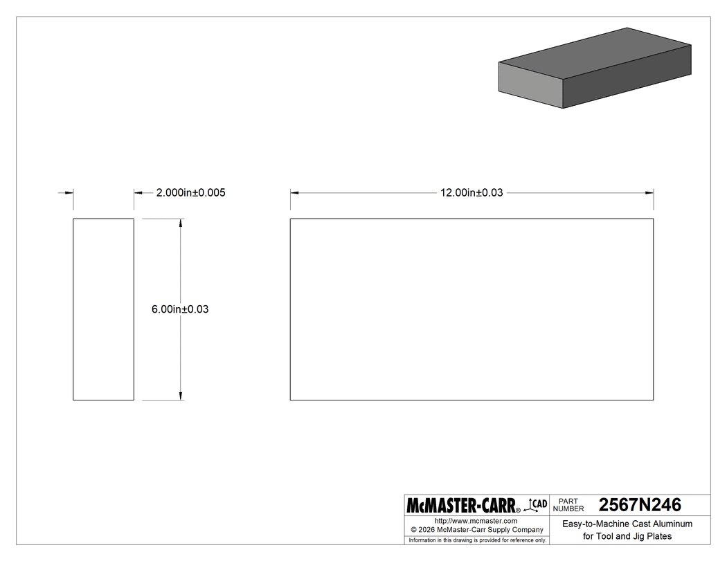 Technical Drawing of Easy-to-Machine Cast Aluminum for Tool&Jig Plates, 6" Wide x 12" Long x 2" Thick Sheet.